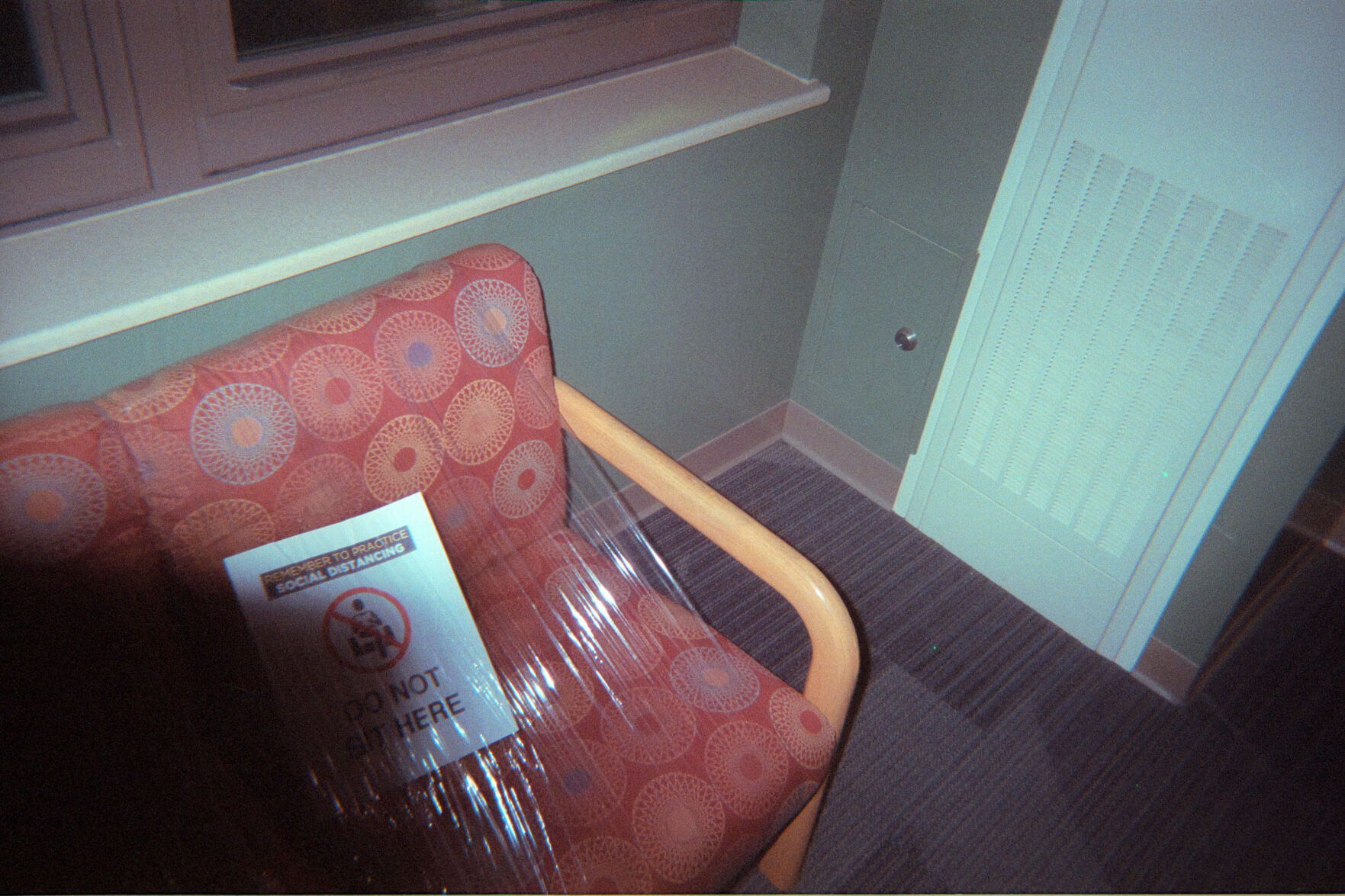 Chairs and sofas are taped-up across campus to promote social distancing